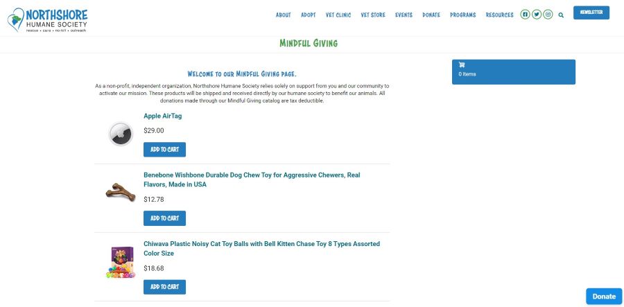 Screenshot of nonprofit Northshore Humane Society Mindful Giving web page